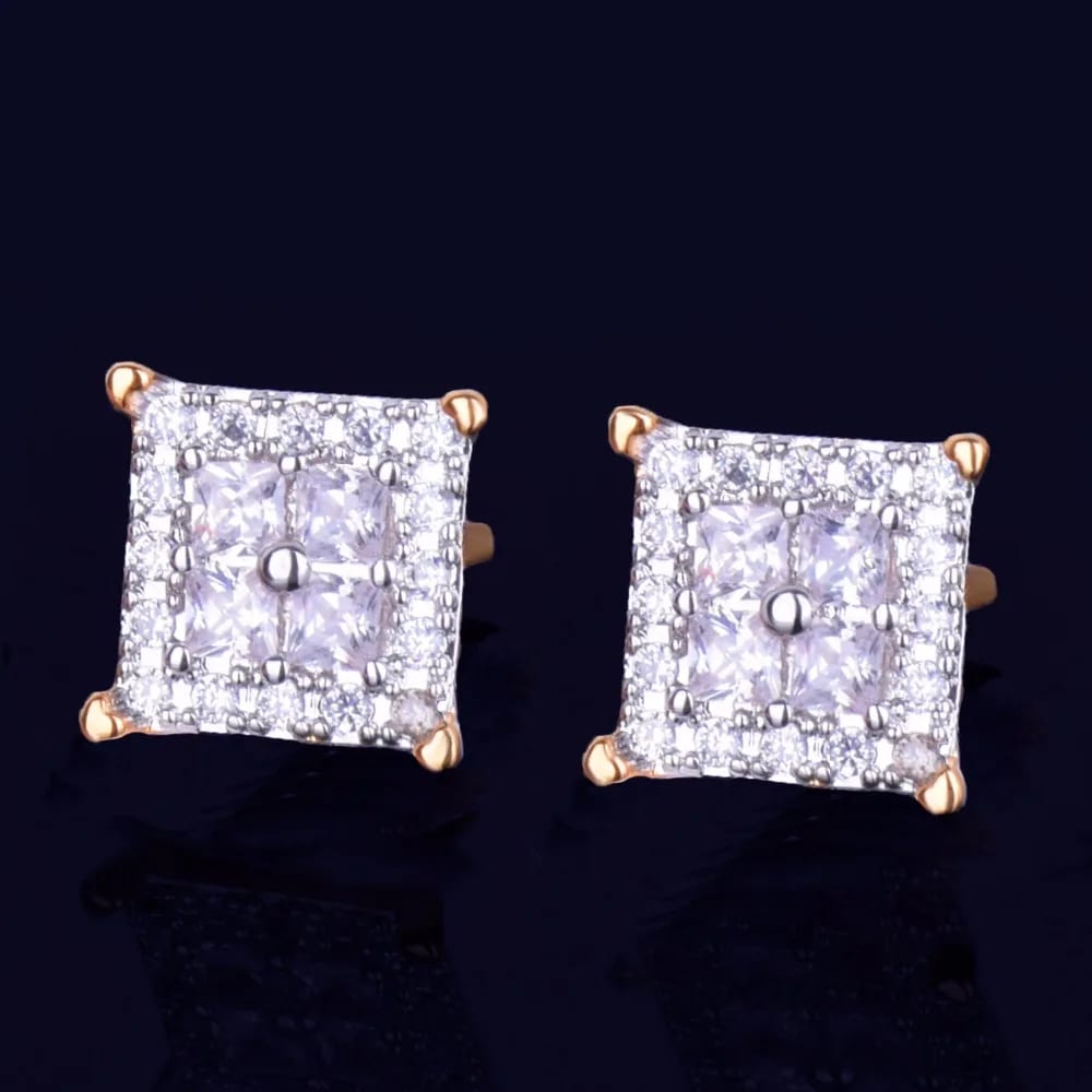 Men 12MM Square Baguette Zircon Stud Earring Silver And Gold